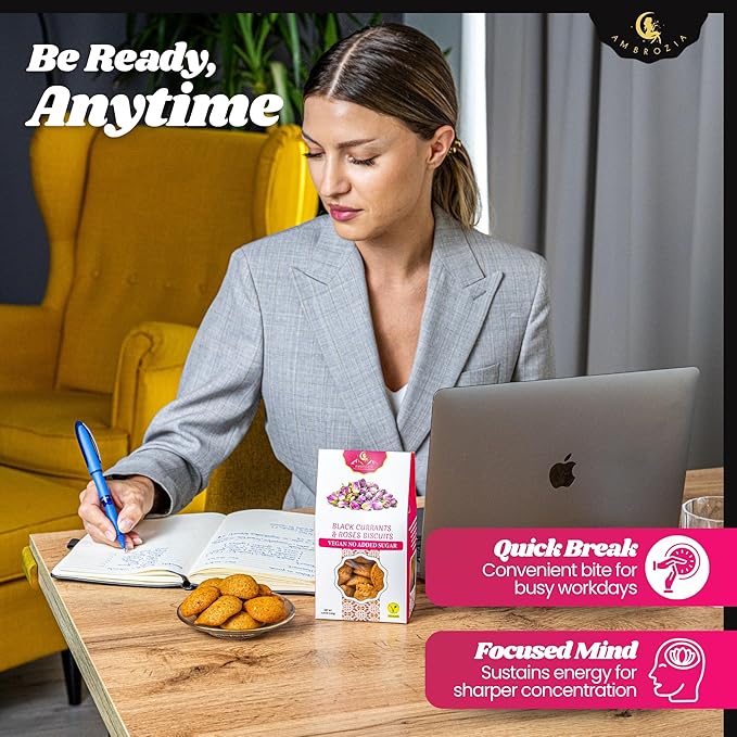 Ambrozia Vegan Snack Biscuits – Blackcurrant & Rose - Soft Baked, No Added Sugar, Clean Label, High Fiber & Wholesome Ingredients, Kid-Friendly, Healthy Snacks for Active Lifestyles, 4.58 Oz