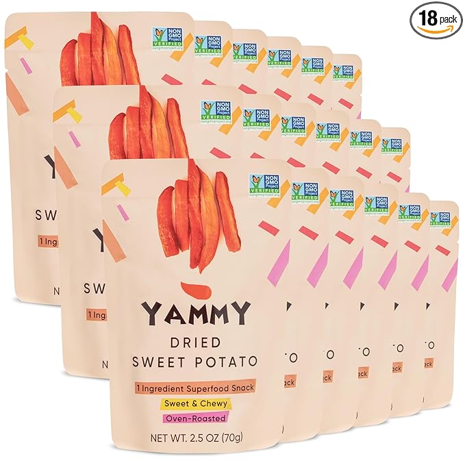 Yammy Dried Sweet Potato Sticks (18-Pack) - 1 Ingredient Superfood - Healthy Asian Snack for Adults & Kids (Japanese, Korean, Chinese Food) - Vegan, Gluten-Free, 3g Protein, 4g Fiber, 2.5oz