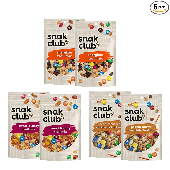 Snak Club Trail Mix Variety Pack, Protein Snacks, Includes Energizer Trail Mix, Sweet and Salty, and Peanut Butter Chocolate, 6 Pack