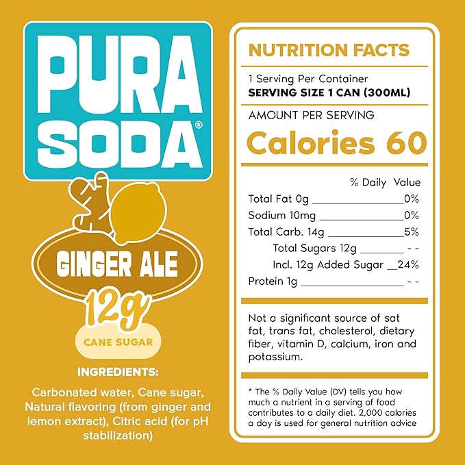 PuraSoda® Ginger Ale Low-Calorie Cane Sugar Soda - Made with Pure Cane Sugar, No Stevia or Artificial Blends - Non-GMO, Vegan, Clean & Refreshing Ginger Soft Drink - 10.1 fl oz Cans, Pack of 24