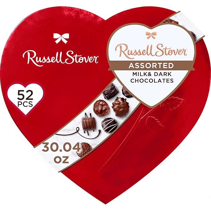 RUSSELL STOVER Valentine's Day LARGE Red Foil Heart Assorted Milk Chocolate & Dark Chocolate Candy Gift Box, 30.04 oz.