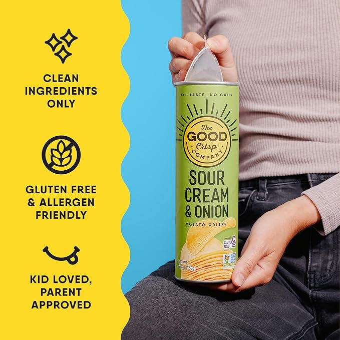 The Good Crisp Company, Sour Cream and Onion, Gluten Free Potato Chips (5.6 Ounce Canisters, Pack of 8), Non-GMO, Allergen Friendly, Potato Chip Snack Pack, Gluten Free Snacks