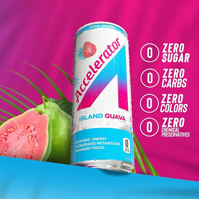 Accelerator Energy Drink, Island Guava 12oz can (12 pack), Zero Sugar, Sustained Energy from 100% Natural Caffeine (200mg from Green Coffee Bean & Green Tea extract)