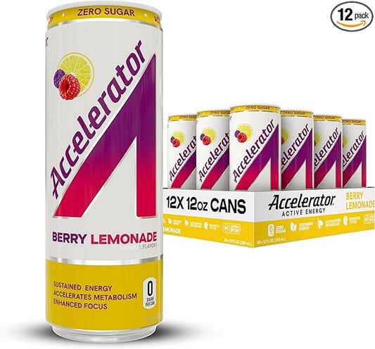 Accelerator Energy Drink, Berry Lemonade 12oz can (12 pack), Zero Sugar, Sustained Energy from 100% Natural Caffeine (200mg from Green Coffee Bean & Green Tea extract)