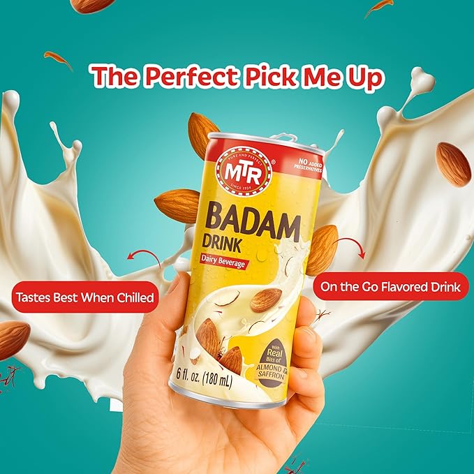 MTR Badam Drink, Ready-to-Drink - Authentic Indian Almond Milk Beverage, Real Bits of Almond & Saffron, No Added Preservatives, No Added Artificial Flavors & Colors, Gluten-Free, Refreshing Drink, Perfect for Anytime Refreshment, Pack of 6