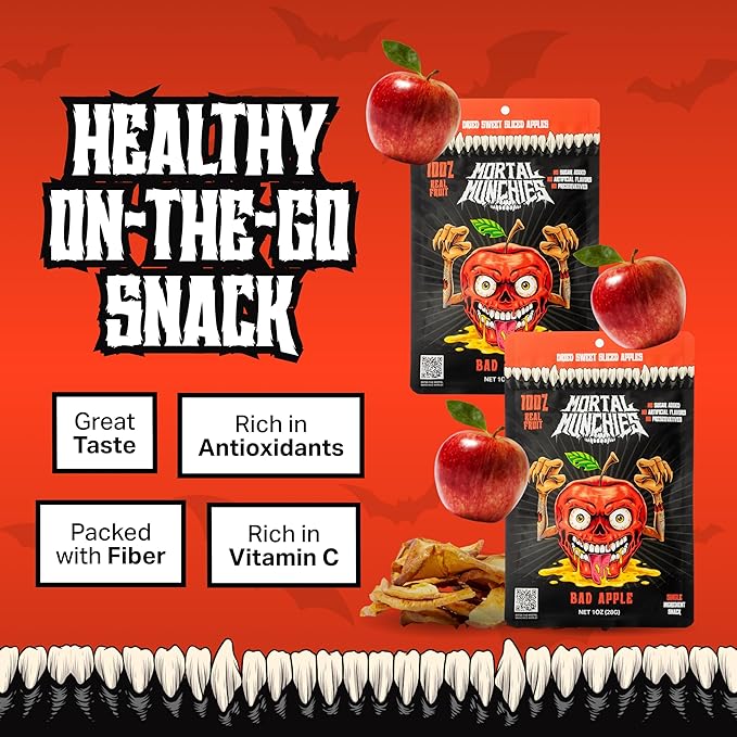 Mortal Munchies - Dried Fruit (6 Pack, 3 Oz) Real Fruit Snack, Sweet and Chewy, Rich in Potassium, Fat-Free On-the-Go Snacks, Healthy Snack for Adults, Non-GMO, No Added Sugar (Apple)