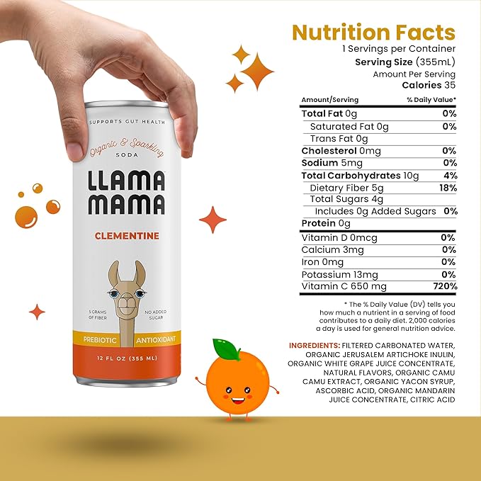 Llama Mama Clementine Organic Sparkling Prebiotic Soda • Gut & Immune Support • High Vitamin C, Antioxidants • NO Sugar • NO Artificial Sweeteners • NO Stevia • Vegan Plant Fiber • 12 Pack