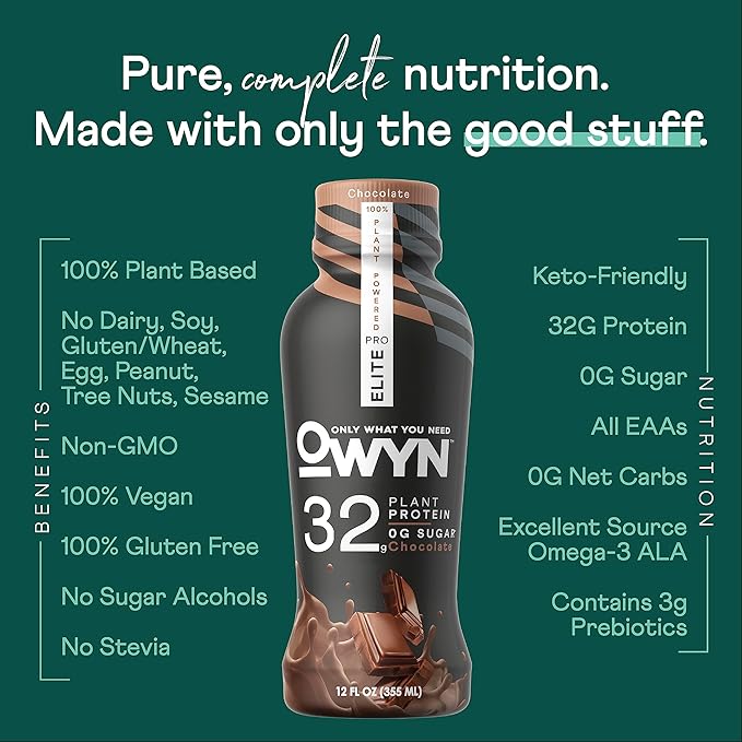 OWYN Only What You Need Pro Elite Vegan High Protein Keto Shake, 32g Protein, 9 Amino Acids, Omega-3, Prebiotics, Workout and Recovery, 0g Net Carbs, Zero Sugar (Chocolate, 12 Fl Oz (Pack of 24)