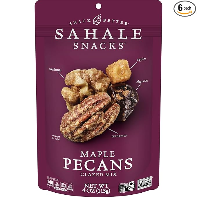 Sahale Snacks Maple Pecans Glazed Mix, 4 oz Pouches (6 Packs) Dry-Roasted, Deluxe Mixed Nuts with Cherries, Apples, Maple, and Cinnamon - Non-GMO, Kosher, and Certified Gluten-Free Snacks