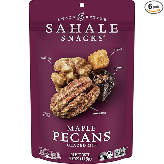 Sahale Snacks Maple Pecans Glazed Mix, 4 oz Pouches (6 Packs) Dry-Roasted, Deluxe Mixed Nuts with Cherries, Apples, Maple, and Cinnamon - Non-GMO, Kosher, and Certified Gluten-Free Snacks