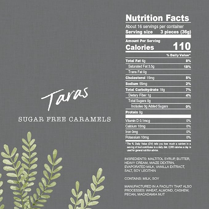 Taras Gourmet Sugar Free Caramels | All Natural Candy | Creamy & Individually Wrapped with Real Butter (20 oz)