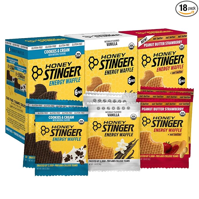 Honey Stinger Organic Energy Waffle Sweet Treats Variety Pack of 18, Vanilla, Cookies and Cream, 6 Pack Each of Peanut Butter Strawberry, Nutritious Stroopwafel Snack for Exercise, Cycling, Running