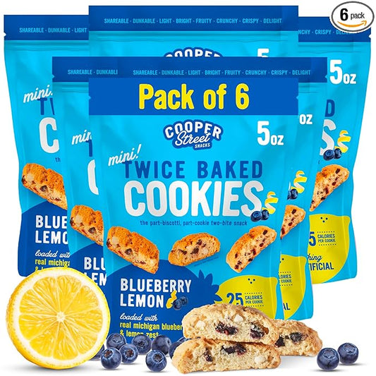 Cooper Street Twice Baked Lemon Blueberry Biscotti Cookies - Light, Crispy Mini Biscotti Cookies Ideal with Coffee - Traditional Low Calorie Italian Snacks - Kosher, Dairy, Peanut & Soy Free (6 Pack)