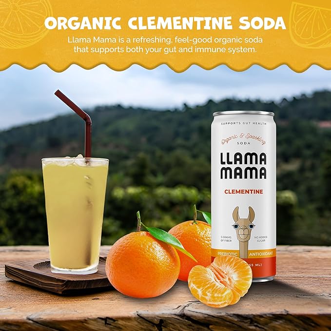Llama Mama Clementine Organic Sparkling Prebiotic Soda • Gut & Immune Support • High Vitamin C, Antioxidants • NO Sugar • NO Artificial Sweeteners • NO Stevia • Vegan Plant Fiber • 12 Pack