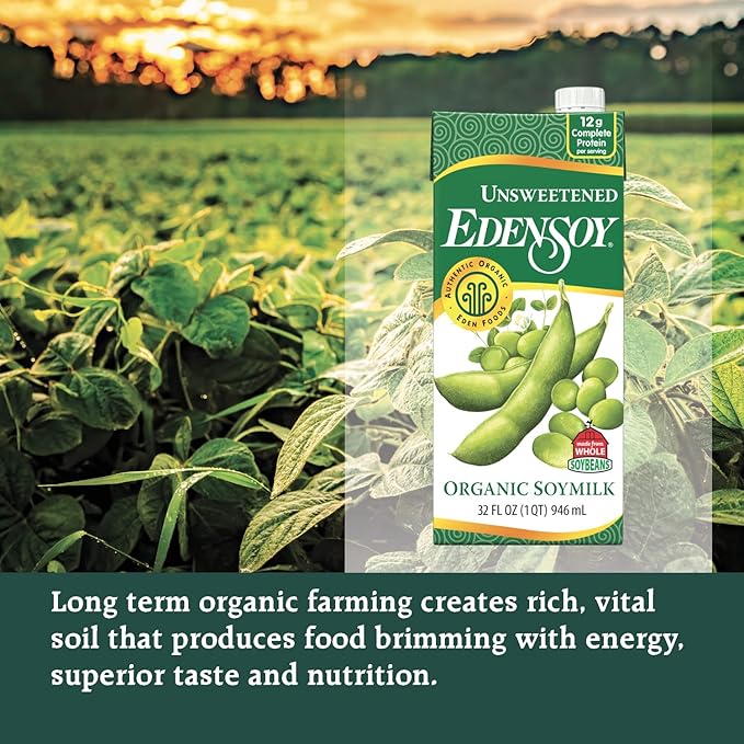 Edensoy Unsweetened Eden Organic Soymilk, Non-GMO, USA Whole Soy (Soya) Milk, Non-Dairy, Vegan, Plain, Shelf Stable, 32 oz (6-Pack)