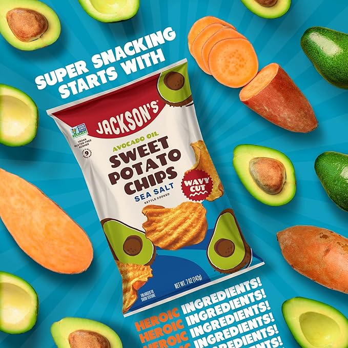 Jackson’s Wavy Sweet Potato Kettle Chips - with Sea Salt made with Premium Avocado Oil (7oz, Pack of 6) - Allergen-friendly, Gluten Free, Peanut Free, Vegan, Paleo Friendly - Shark Tank Product