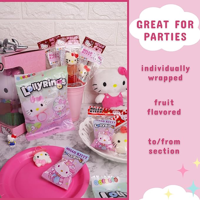 Hello Kitty Lollipop Rings, Strawberry and Fruit Punch Flavored Suckers, Themed Party Favors, 3 Count Bag, 1.27 Ounces (3 Pack)