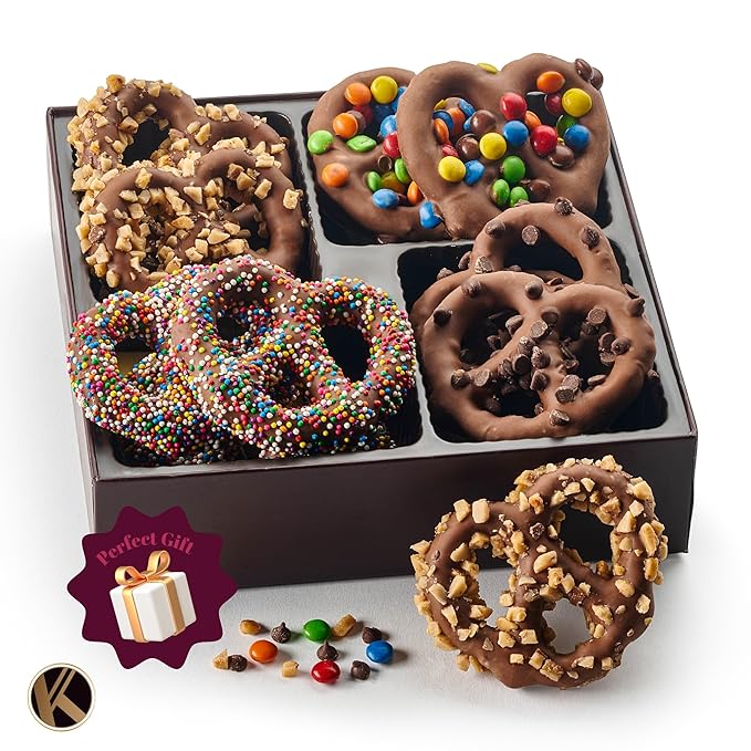 KREMERY Creamy Chocolate Cravings - Valentines Day Chocolate Covered Pretzel Twists Gift Basket, in Brown Gift Box (12 Pretzels, Assorted Sweet Toppings) Sweet Treats Food Arrangement, Kosher