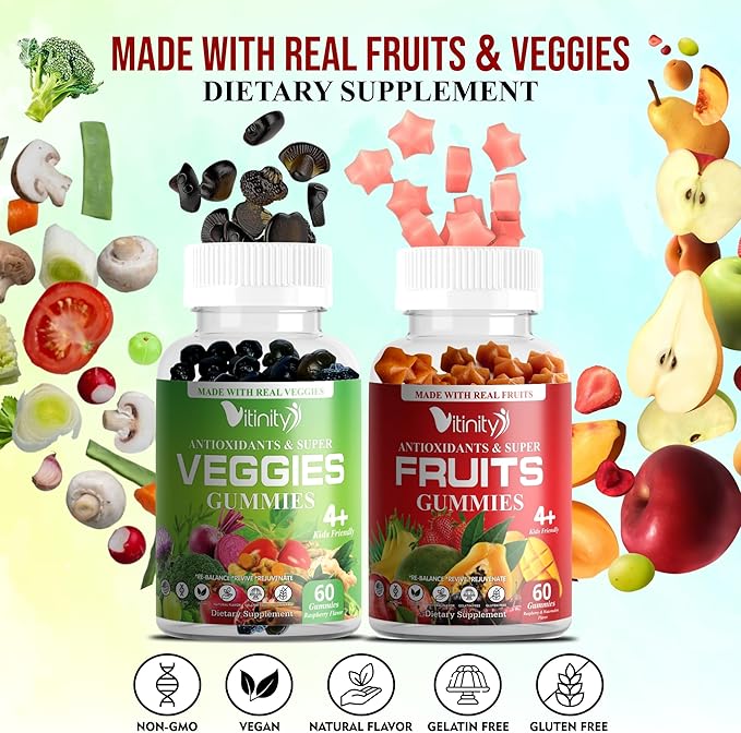 VITINITY Made with Real Fruit and Real Veggie Gummies - Superfood Vegetable Vitamin Supplement for Women,Men & Kids - with a Blend of Fruit and Greens for Daily Health (60-Day Supply)
