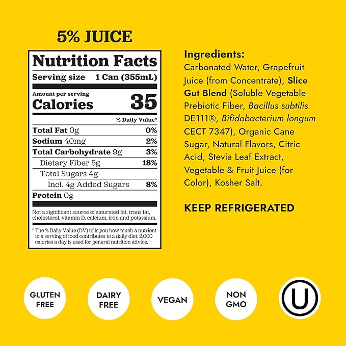 Slice Healthy Soda, Grapefruit Spritz, Prebiotic & Probiotic Soda Pop, 5g Fiber, 35 calories, 12 fl oz 12 Pack