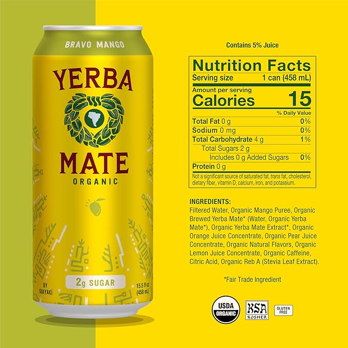 Yerba Madre Organic Yerba Mate, Energy Drink Alternative, Bravo Mango, Low Sugar, 150mg Natural Caffeine, Better for You Energy & Focus, No Jitters or Crash, 15.5 Oz (Pack of 12)