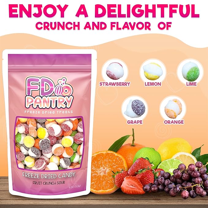 Freeze Dried Candy, Fruit Crunch Sour, 4 oz, 2 Pack, Assorted Strawberry, Orange, Lemon, Grape, Lime Flavors, Bag Pouch, Ideal Gift Snack