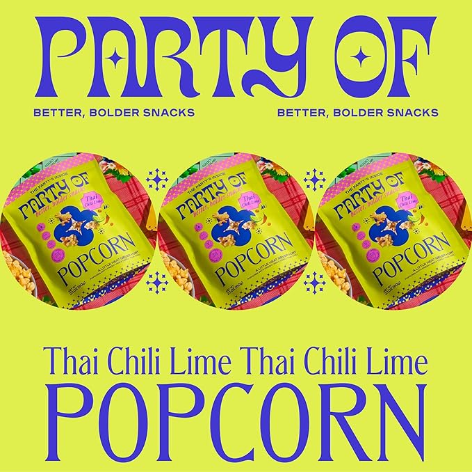 Party of Thai Chili Lime Popcorn Snack – Savory Citrus Heat with Spicy Kick – Gluten-Free, Veggie-Based, Healthy Snack – Individually Wrapped for Easy Snacking – Full Size Box of 4 – Chili Lime
