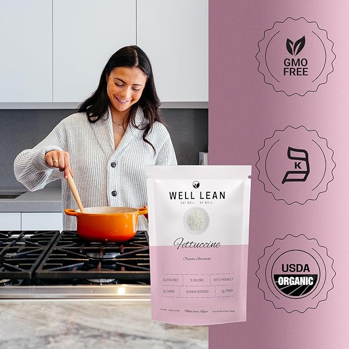 Well Lean Organic Fettuccine, 6-Pack Premium Shirataki Konjac Pasta, USDA Organic, 100% Plant Based, Keto Friendly, Zero Net Carb, Non-GMO, Ready to Eat, Low Calorie, Gluten Free, Vegan, Diet