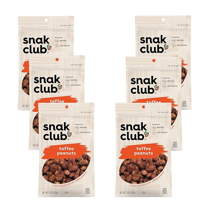 Snak Club Toffee Peanuts, Candied Peanuts with Praline Coat and Sweet Cream, Gluten-Free and Kosher Snack, 7.5 oz Resealable Bags, 6 Pack