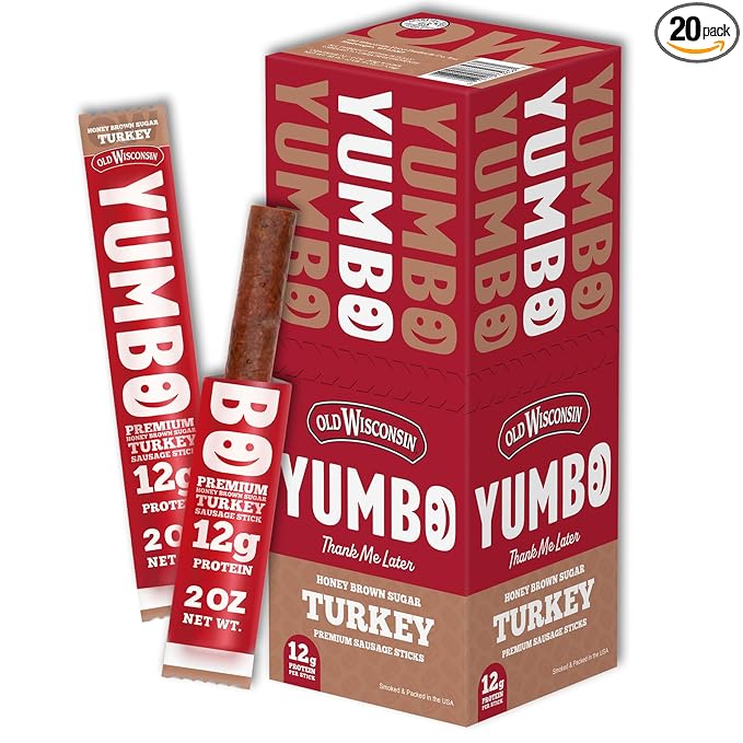 Old Wisconsin Yumbo Summer Sausage Snack Sticks, Ready to Eat, High Protein, Low Carb, Keto, Gluten Free, 20 Individually Wrapped 2oz Sticks, Honey Brown Sugar Turkey Flavor