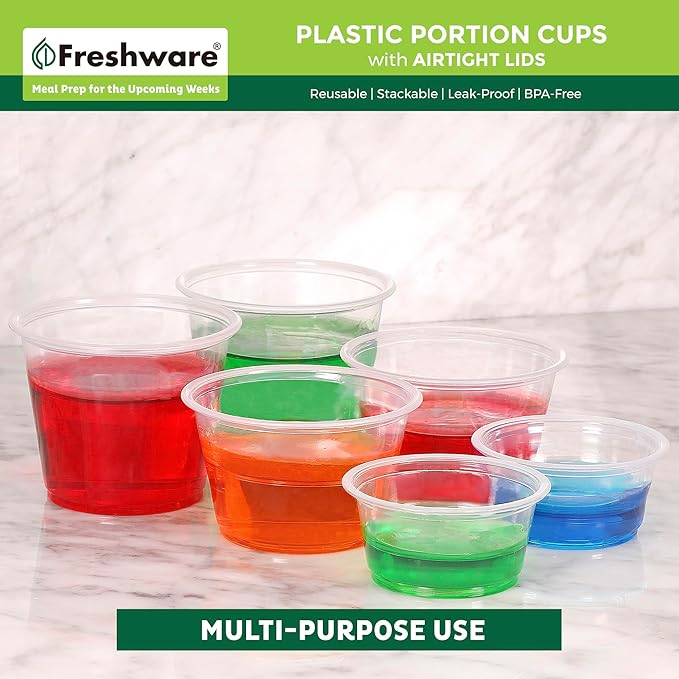 Freshware Plastic Portion Cups with Lids [3.25 Ounce, 100 Sets] Disposable Plastic Cups for Meal Prep, Salad Dressing, Jellos Shot Cups, Souffle Cups, Condiment and Dipping Sauce Cups