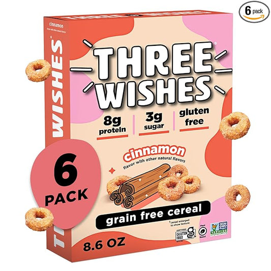 Three Wishes Grain-Free & Protein Cereal - Healthy, Low Sugar & Gluten-Free Breakfast Cereal - Low Carb, Plant-Based, Vegan & Non-GMO - Cinnamon, 6-Pack