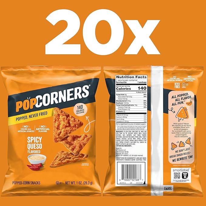 PopCorners Popped Corn Snacks, Spicy Queso, 1 Ounce Bags (Contains 20 Packets) Packaging May Vary