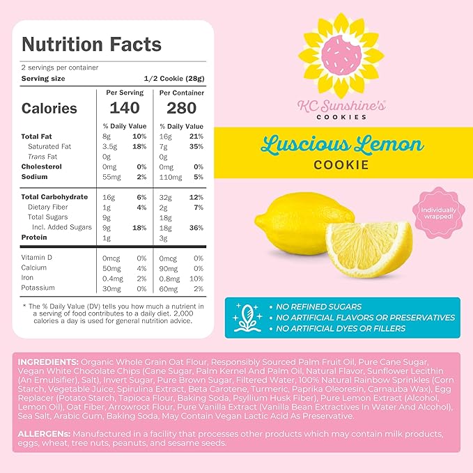 KC Sunshine’s Gluten Free Lemon Cookies (Pack of 6) – Nutritious and Healthy Cookies, Plant Based, Nut Free, Dairy Free, and Vegan | Individually Wrapped, Perfect for Office Snacks and School Snacks