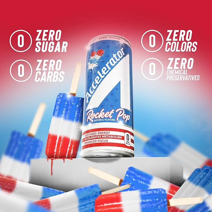 Accelerator Energy Drink, Rocket Pop 12oz can (12 pack), Zero Sugar, Sustained Energy from 100% Natural Caffeine (200mg from Green Coffee Bean & Green Tea extract)