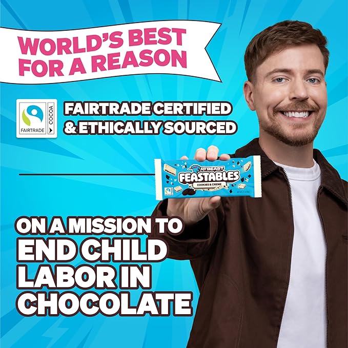 Feastables MrBeast Cookies & Creme Chocolate Bar, New Flavor, King Size Candy Bar for Adults & Kids, Candy Bars for Snacks, Gifts, or Dessert, Sweet & Creamy Fairtrade Cocoa, 2.1 Oz Each, 10 Count