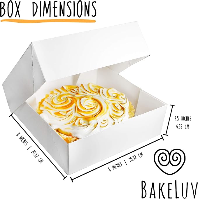 BAKELUV 8x8x2.5” White Bakery Boxes With Window | 100 Pack | Pastry Boxes with Window, Boxes for Strawberries, Dessert Boxes, Bakery Take Out Containers, 8x8 Bakery Boxes 8x8 Pastry Boxes