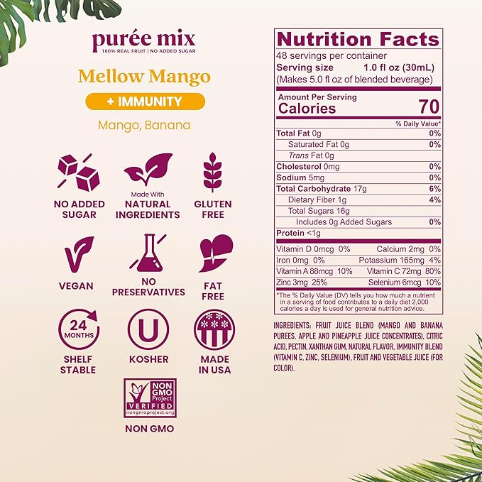 Smartfruit Mellow Mango + Immunity – 100% Real Fruit Purée with Mango, Banana, Apple & Pineapple – Great for Smoothies, Juice, Yogurt, Cocktails, Teas – High in Vitamin C, Selenium & Zinc – 48oz