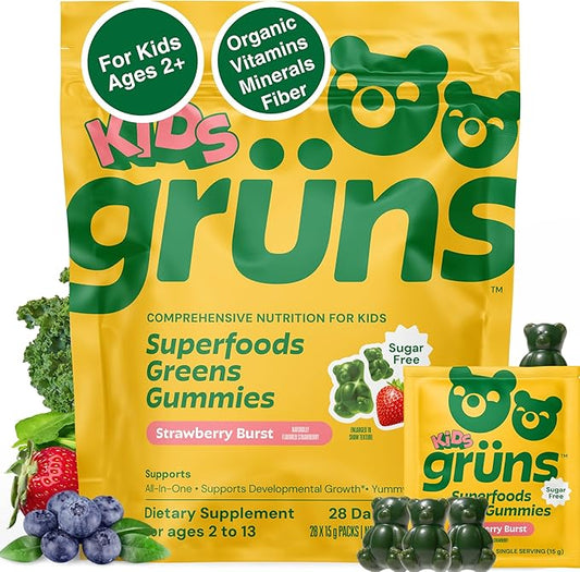 Gruns Multivitamin for Kids, Sugar-Free, Super Greens Superfood Gummy Bears with 20 Vitamins & Minerals, Alfalfa, Spirulina, Chlorella, Prebiotics Fiber for Digestive Health, Adaptogens, 28 ct