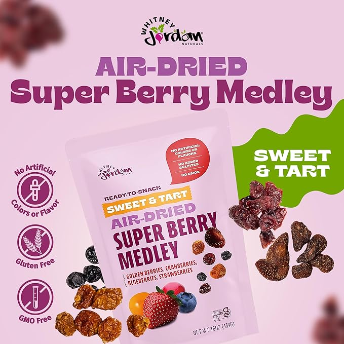 Whitney Jordan Naturals Air-Dried Super Berry Medley 16 oz, Pack of 2 - Dried Fruit Snack Made from Real Berries - Non-GMO, Gluten-Free, Vegan, Chewy Real Fruit for Clean Snacking