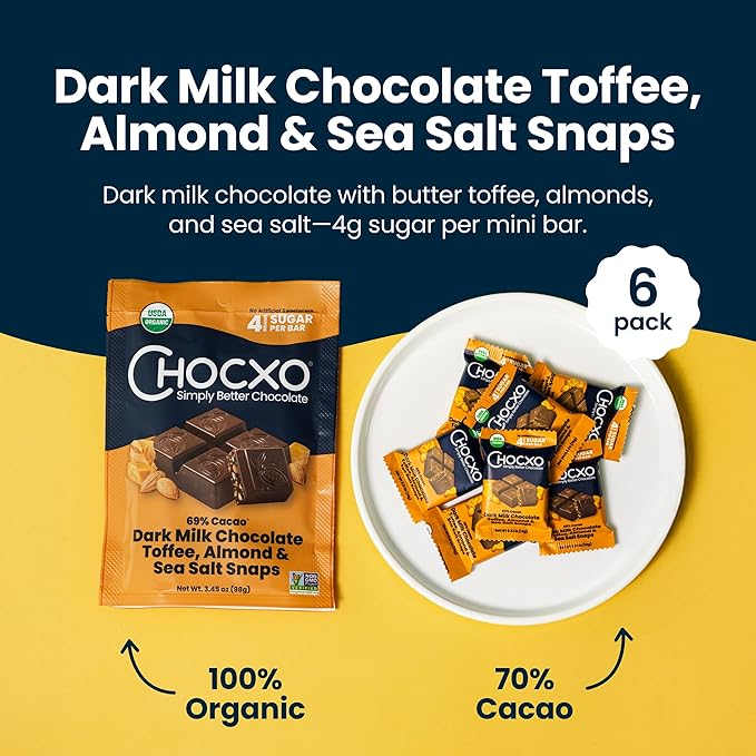 Chocxo Dark Milk Chocolate Toffee, Almond & Sea Salt Snaps - Lower Sugar, 69% Organic Cacao, NonGMO, Keto, Gluten Free, Kosher. No Artificial Sweeteners/Sugar Alcohols, 3.45 oz (Pack of 6)