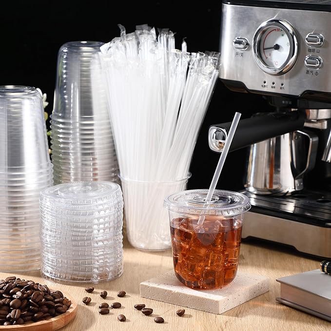 Ziliny 50 Sets Clear Plastic Cups with Lids and Straws, Disposable Iced Coffee Cups Drinking PET for Cold Drinks, Juice, Smoothie, Coffee Shops, Party, Christmas(Clear,12 oz)
