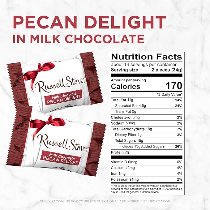 Russell Stover Pecan Delight Gusset Bag 16.10 Ounce Russel Stover Milk Chocolate Covered Candy Pack, Crunchy Pecans and Buttery Caramel Covered In Sweet Milk Chocolate Candy, Individually Wrapped