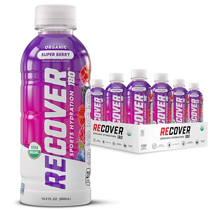 RECOVER 180 Organic Sports Hydration Drink, No Sugar Added, 20 Calorie Sports Beverage, Organic Flavors With Vitamins, Potassium-Packed Electrolytes (16.9 Fl Oz (Pack of 12), Super Berry)