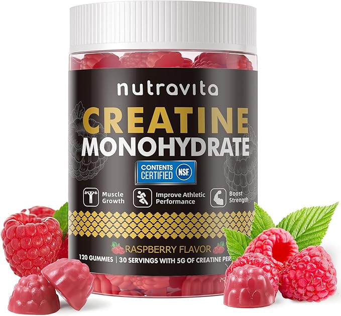 Nutravita Creatine Monohydrate Gummies for Men & Women-5g of Creatine Monohydrate per Serving - Sugar Free,Vegan, Raspberry Flavor, 120 Count