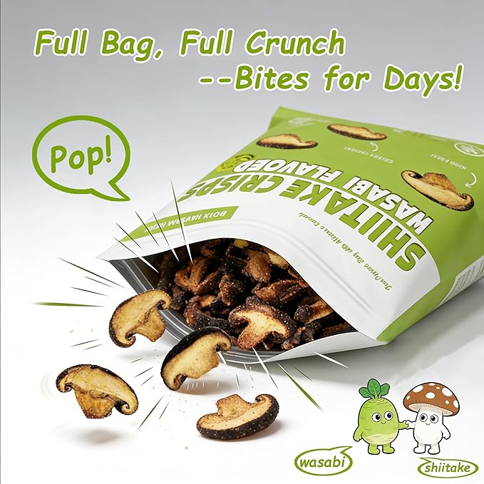 VIGOROUS MOUNTAINS Shiitake Mushroom Snack Chips, Crunchy Veggie Crisps, Wasabi Flavored Dried Snacks Perfect for Snacking Salad Topping | Non-GMO Low-Fat High Fiber | Vegetarian-Friendly in Resealable Full Zip Lock Bag (9.5 Ounce)