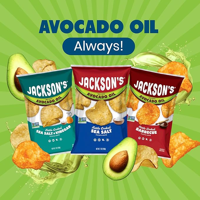 Jackson’s Classic Kettle Potato Chips (Variety Pack, 7 oz, Pack of 6) - Made with Premium Avocado Oil, Sea Salt, Salt & Vinegar and BBQ Flavors - Allergen-friendly, Gluten Free, Vegan
