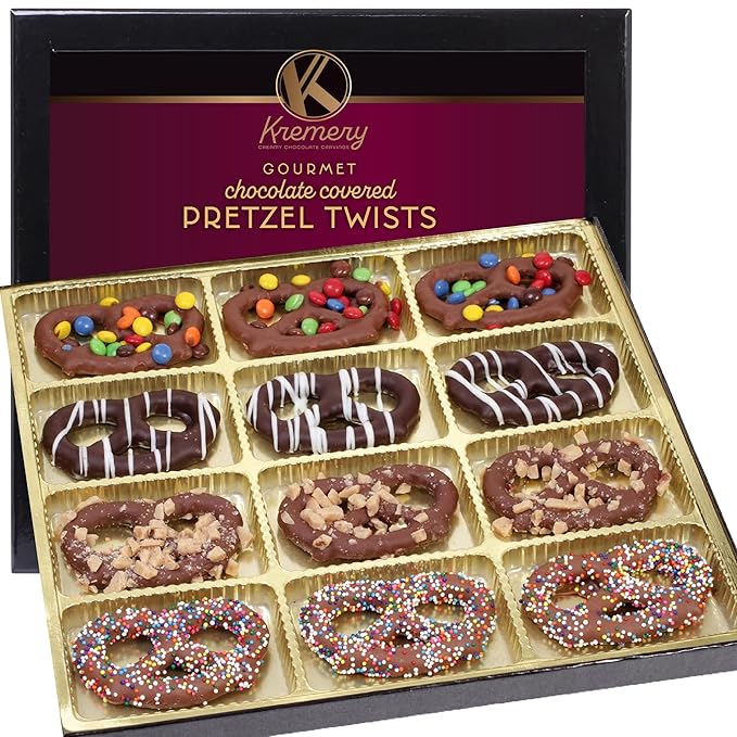 KREMERY Creamy Chocolate Cravings - Valentines Day Chocolate Covered Pretzel Twists Gift Basket, in Sectional Gift Box (12 Pretzels, Assorted Sweet Toppings) Sweet Treats Food Arrangement, Kosher
