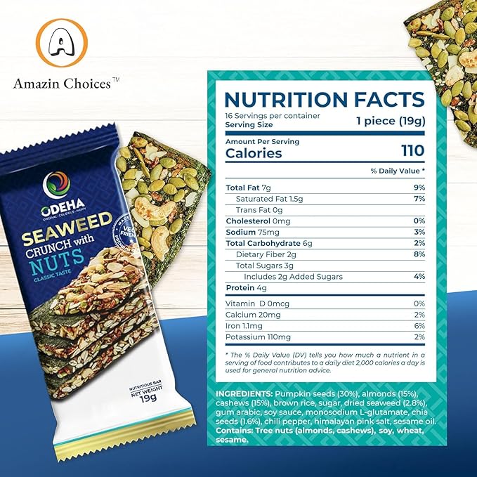 Seaweed Crunch with Nuts Classic Taste– Amazin Choices Vegan Snack Bars with Cashews, Almonds & Pumpkin Seeds – Premium Asian Chips – Seaweed Sheets – Sandwich Seaweed – Variety Pack (Pack of 8)