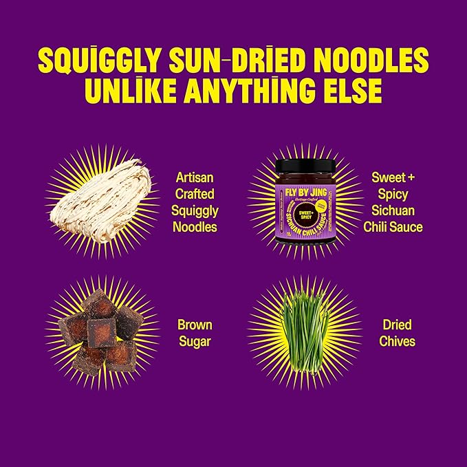 FLYBYJING Sweet & Spicy Noodles - Sun-Dried, Wavy, Bouncy Asian Instant Noodles with Sichuan Chili Sauce - Ready in 6 Minutes - Vegan, High Protein, No MSG, 4.02 oz (Pack of 6)